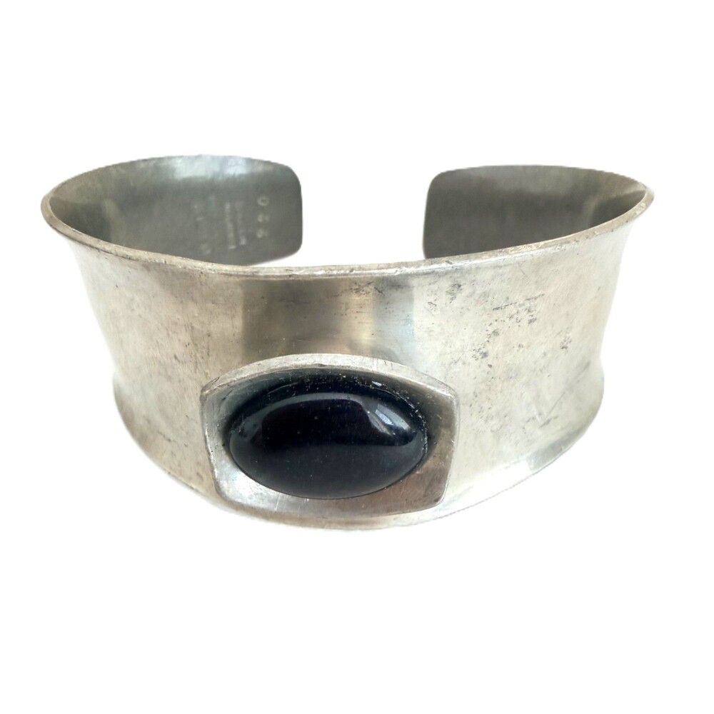 Vintage 1960s Jorgen Jensen Pewter Black Cabochon Cuff Bracelet 220 Denmark